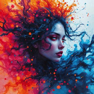 The primary subject of the image is a woman with long, flowing hair. She is wearing makeup and has a striking appearance. The setting is a colorful, artistic background that complements the woman's beauty. The visual style is a combination of digital art and illustration, creating a vibrant and captivating scene. The colors and mood of the image are predominantly blue and orange, which adds a sense of depth and energy to the overall atmosphere.